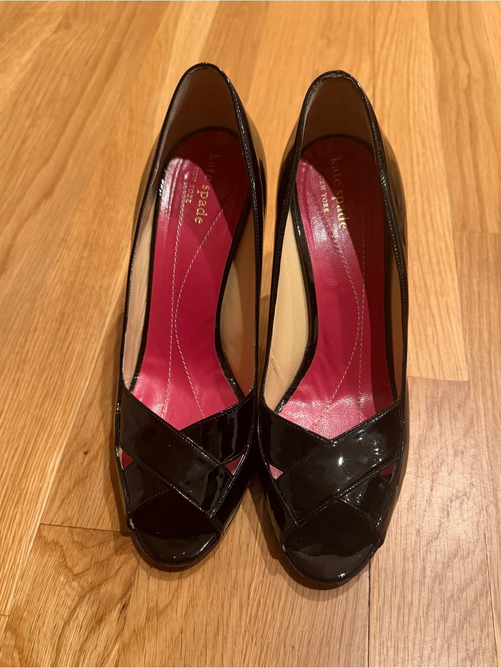 Kate Spade Black Patent Peep-Toe Heels with Pink Insole
